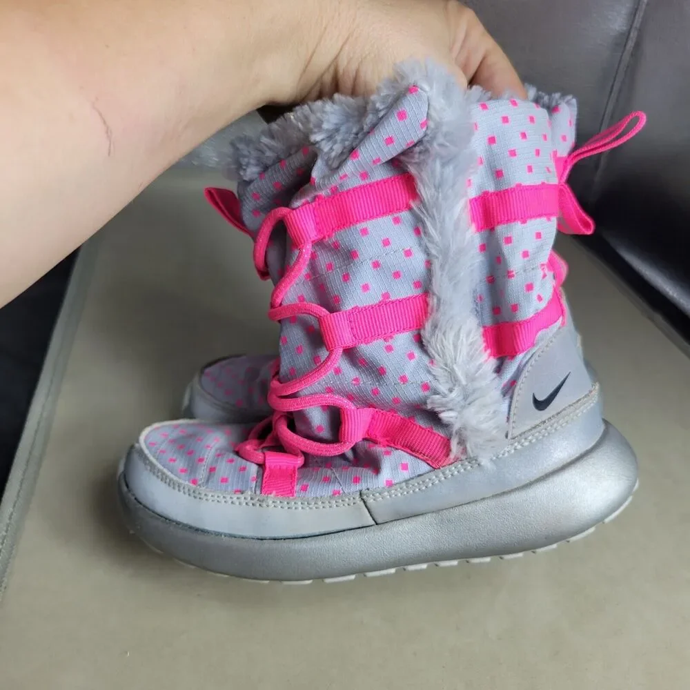 Nike Rosherun Hi Sneakerboot Girls 12 Silver Pink Comfy‎ Faux Leather Snow Boots